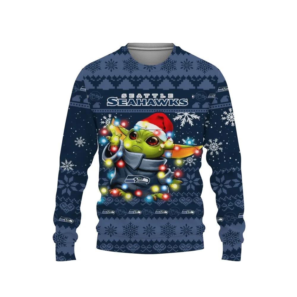 Seattle Seahawks Baby Yoda Star Wars Ugly Christmas Sweater, NFL Christmas Sweater Moonbestprint