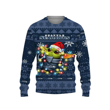 Seattle Seahawks Baby Yoda Star Wars Ugly Christmas Sweater, NFL Christmas Sweater Moonbestprint