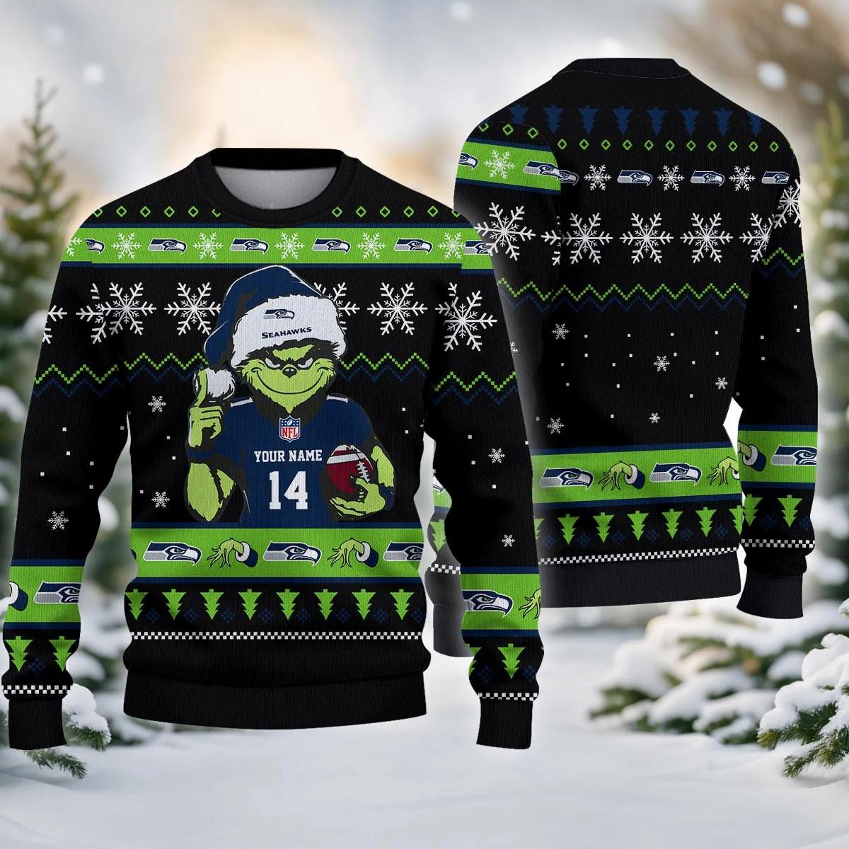 Seattle Seahawks Grinch Custom Ugly Christmas Sweater, NFL Christmas Sweater Moonbestprint