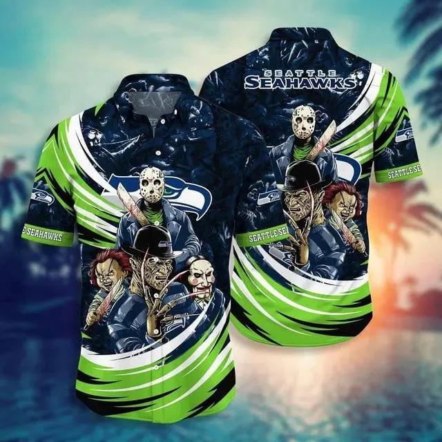 Seattle Seahawks Halloween Horror Movies Hawaiian Shirt, NFL Hawaiian Shirt Moonbestprint