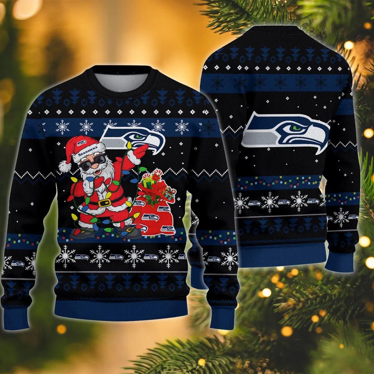 Seattle Seahawks Santa Claus Dabbing Ugly Christmas Sweater, NFL Christmas Sweater Moonbestprint