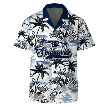 Seattle Seahawks Team Logo Pattern Flamingo Hibiscus Hawaiian Shirt, NFL Hawaiian Shirt Moonbestprint