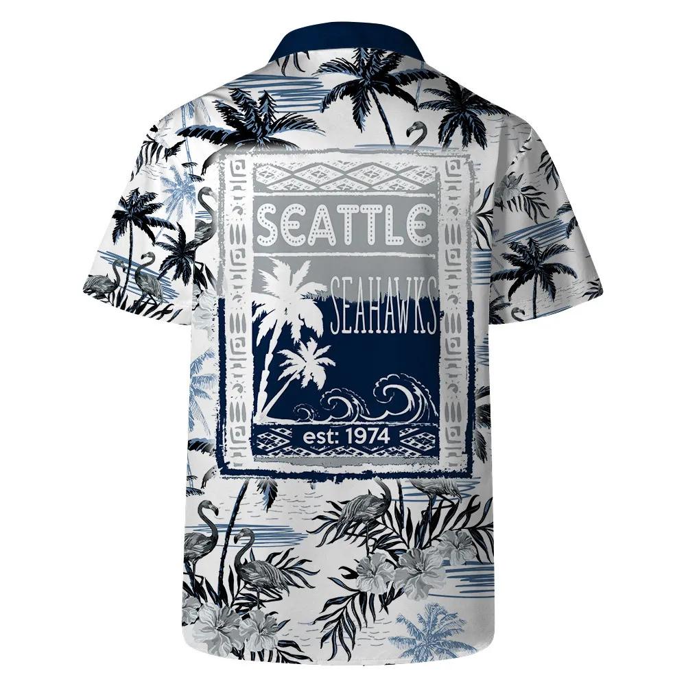 Seattle Seahawks Team Logo Pattern Flamingo Hibiscus Hawaiian Shirt, NFL Hawaiian Shirt Moonbestprint
