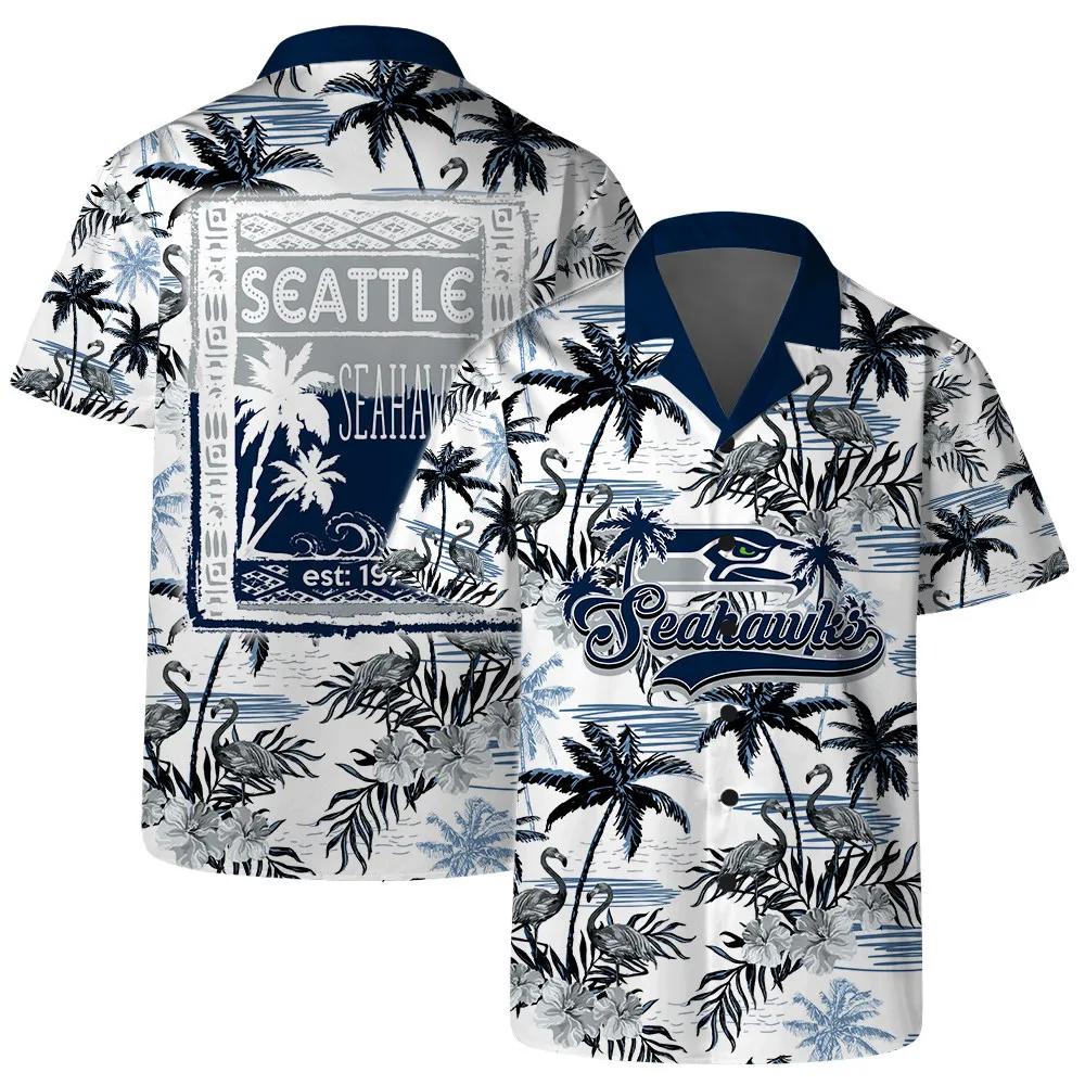 Seattle Seahawks Team Logo Pattern Flamingo Hibiscus Hawaiian Shirt, NFL Hawaiian Shirt Moonbestprint