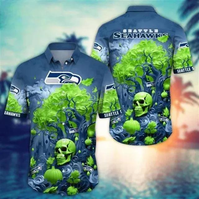 Seattle seahawks Halloween Skull Pumpkin Hawaiian Shirt, NFL Hawaiian Shirt Moonbestprint
