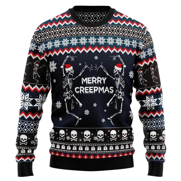 Skeleton Merry Creepmas Ugly Christmas Sweater, Funny Skull Xmas Sweater Moonbestprint