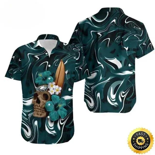 Skull And Hibiscus Flower Philadelphia Eagles Hawaiian Shirt, NFL Hawaiian Shirt Moonbestprint