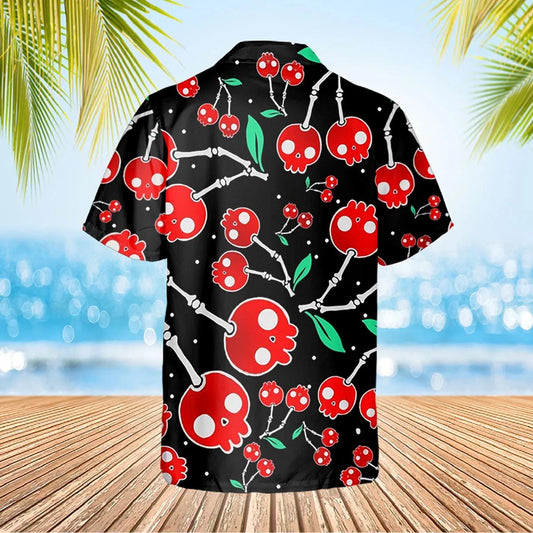 Skull Cherry Black Hawaiian Shirt, Hawaiian Button Up Shirt, Aloha Shirts Moonbestprint