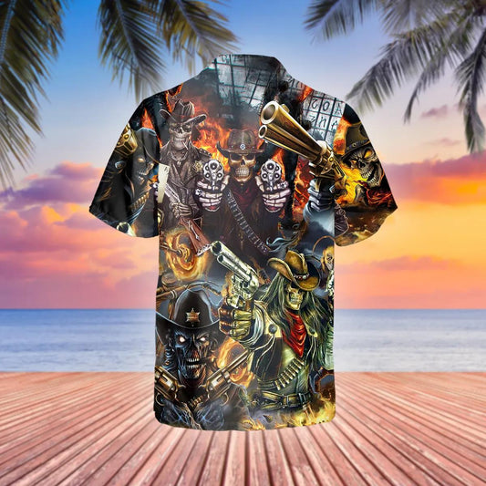 Skull Cowboy Squad Hawaiian Shirt, Hawaiian Button Up Shirt, Aloha Shirts Moonbestprint