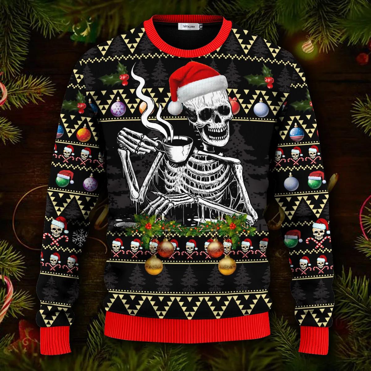 Skull Drinking Hot Coffee Christmas Pattern Ugly Christmas Sweater Moonbestprint