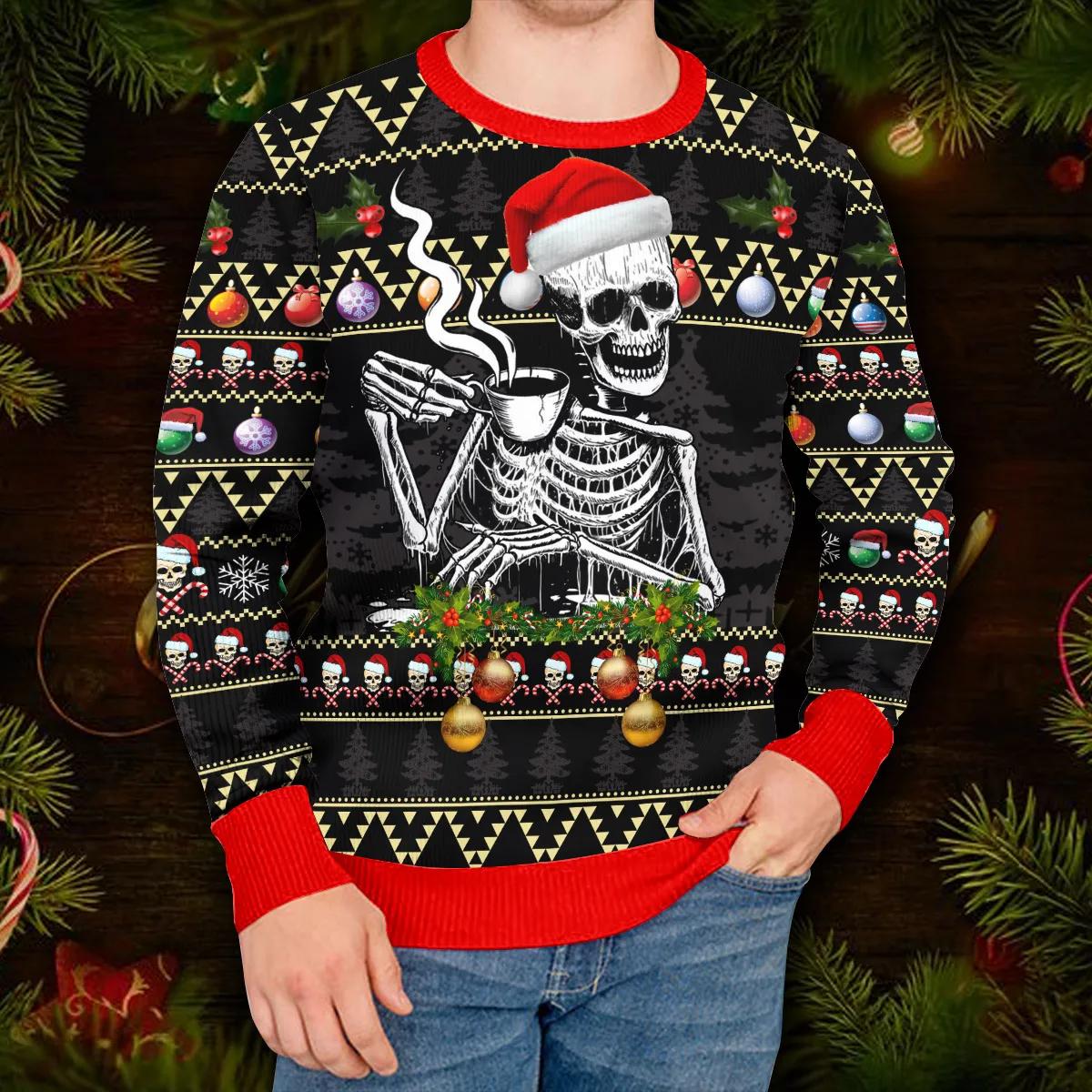 Skull Drinking Hot Coffee Christmas Pattern Ugly Christmas Sweater Moonbestprint
