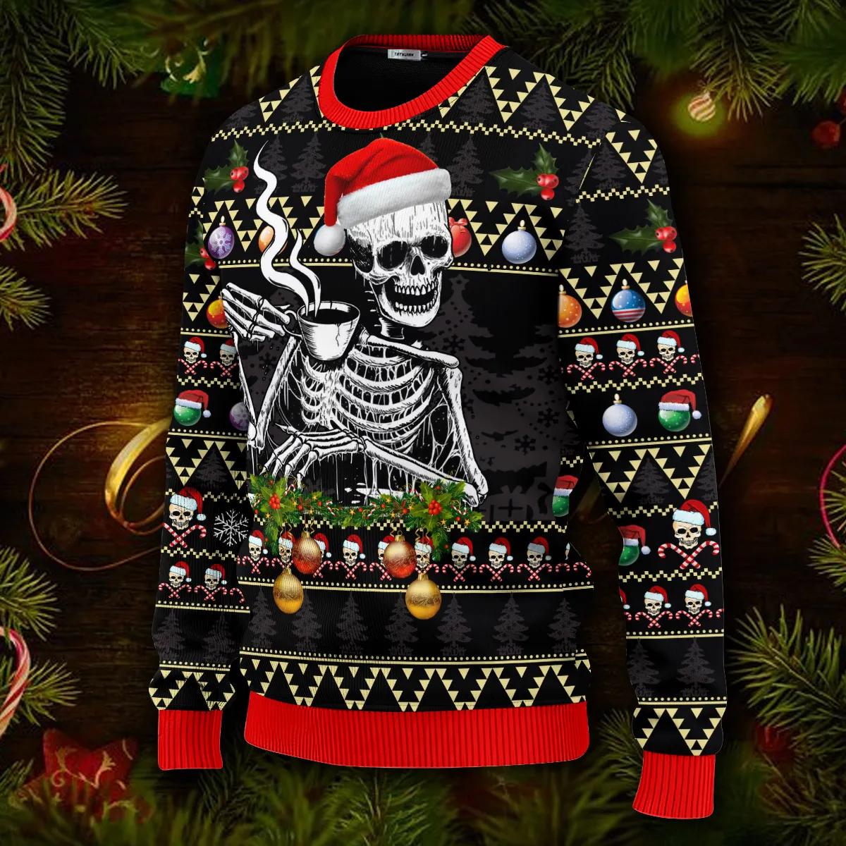 Skull Drinking Hot Coffee Christmas Pattern Ugly Christmas Sweater Moonbestprint