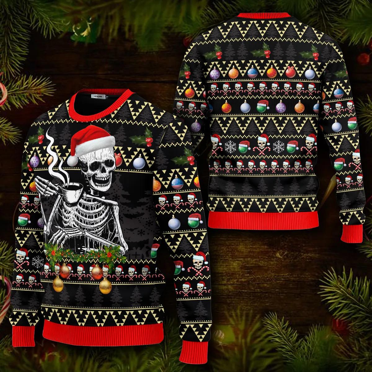 Skull Drinking Hot Coffee Christmas Pattern Ugly Christmas Sweater Moonbestprint