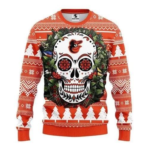 Skull Flower Calavera Baltimore Orioles Christmas Ugly Sweater, MLB Christmas Sweater Moonbestprint