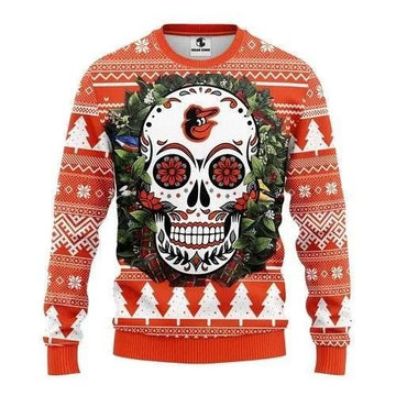 Skull Flower Calavera Baltimore Orioles Christmas Ugly Sweater, MLB Christmas Sweater Moonbestprint