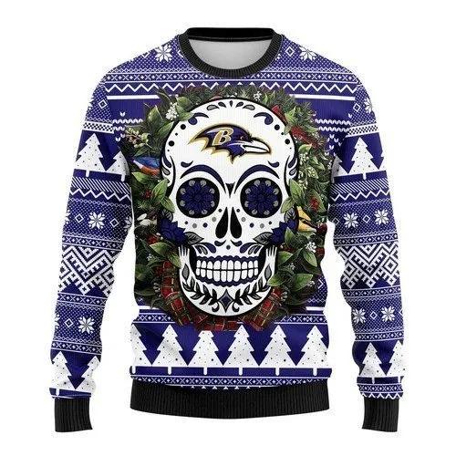 Skull Flower Calavera Baltimore Ravens Ugly Christmas Sweater, NFL Christmas Sweater Moonbestprint