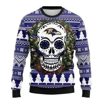 Skull Flower Calavera Baltimore Ravens Ugly Christmas Sweater, NFL Christmas Sweater Moonbestprint