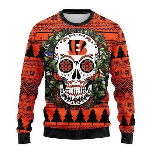 Skull Flower Calavera Cincinnati Bengals Ugly Christmas Sweater, NFL Christmas Sweater Moonbestprint