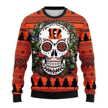 Skull Flower Calavera Cincinnati Bengals Ugly Christmas Sweater, NFL Christmas Sweater Moonbestprint