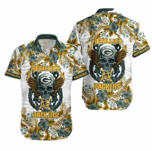 Skull Green Bay Packers Rock N Roll Hawaiian Shirt - Moonbestprint