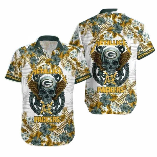 Skull Green Bay Packers Rock N Roll Hawaiian Shirt - Moonbestprint