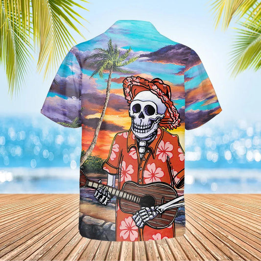 Skull Play Guitar By The Beach Hawaiian Shirt, Hawaiian Button Up Shirt, Aloha Shirts Moonbestprint