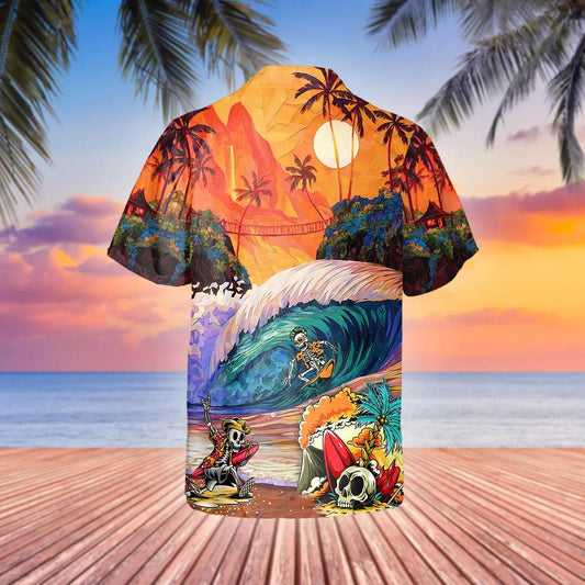 Skull Surfing Dream Land Hawaiian Shirt, Hawaiian Button Up Shirt, Aloha Shirts Moonbestprint