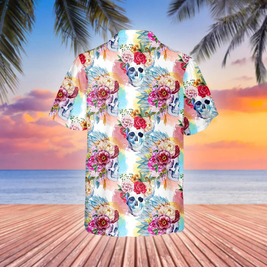 Skull With Colorful Flowers Hawaiian Shirt, Hawaiian Button Up Shirt, Aloha Shirts Moonbestprint