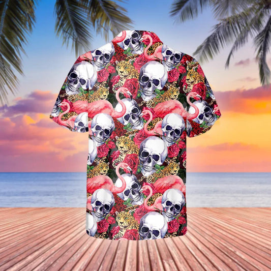 Skull With Flamingo And Leopard Hawaiian Shirt, Hawaiian Button Up Shirt, Aloha Shirts Moonbestprint