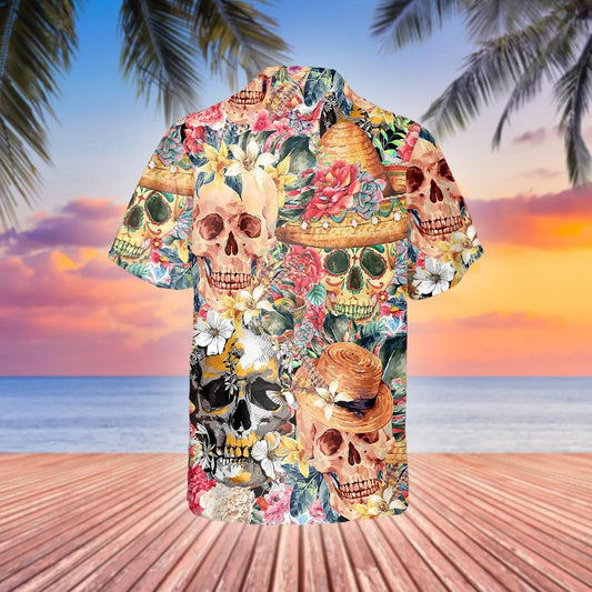 Skull With Flowers Hawaiian Shirt, Hawaiian Button Up Shirt, Tropical Shirts For Men Moonbestprint