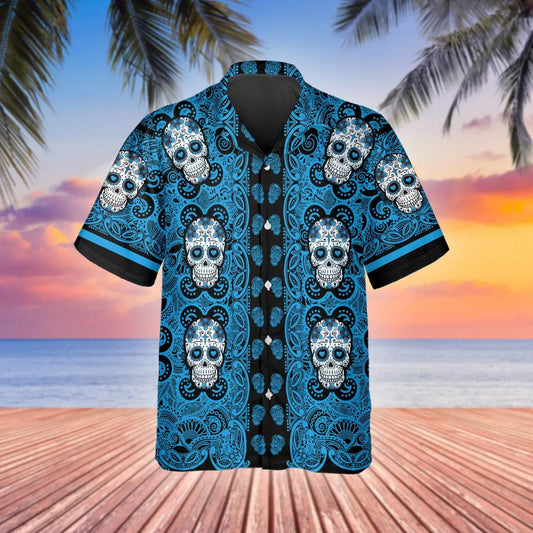 Sky Blue Pattern Color Skull Hawaiian Shirt, Hawaiian Button Up Shirt, Tropical Shirts For Men Moonbestprint