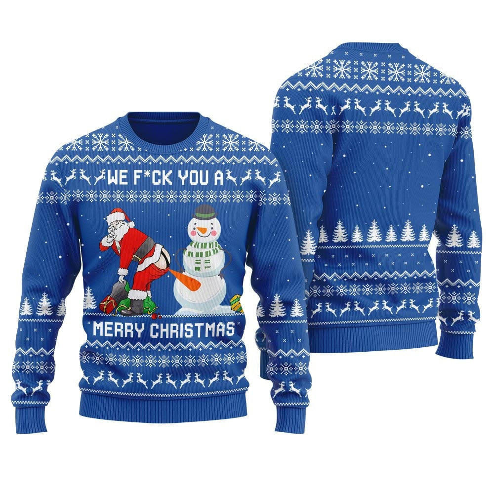 Snowman Stick a Carrot Up Santa's Asshole Ugly Christmas Sweater Blue – Moonbestprint