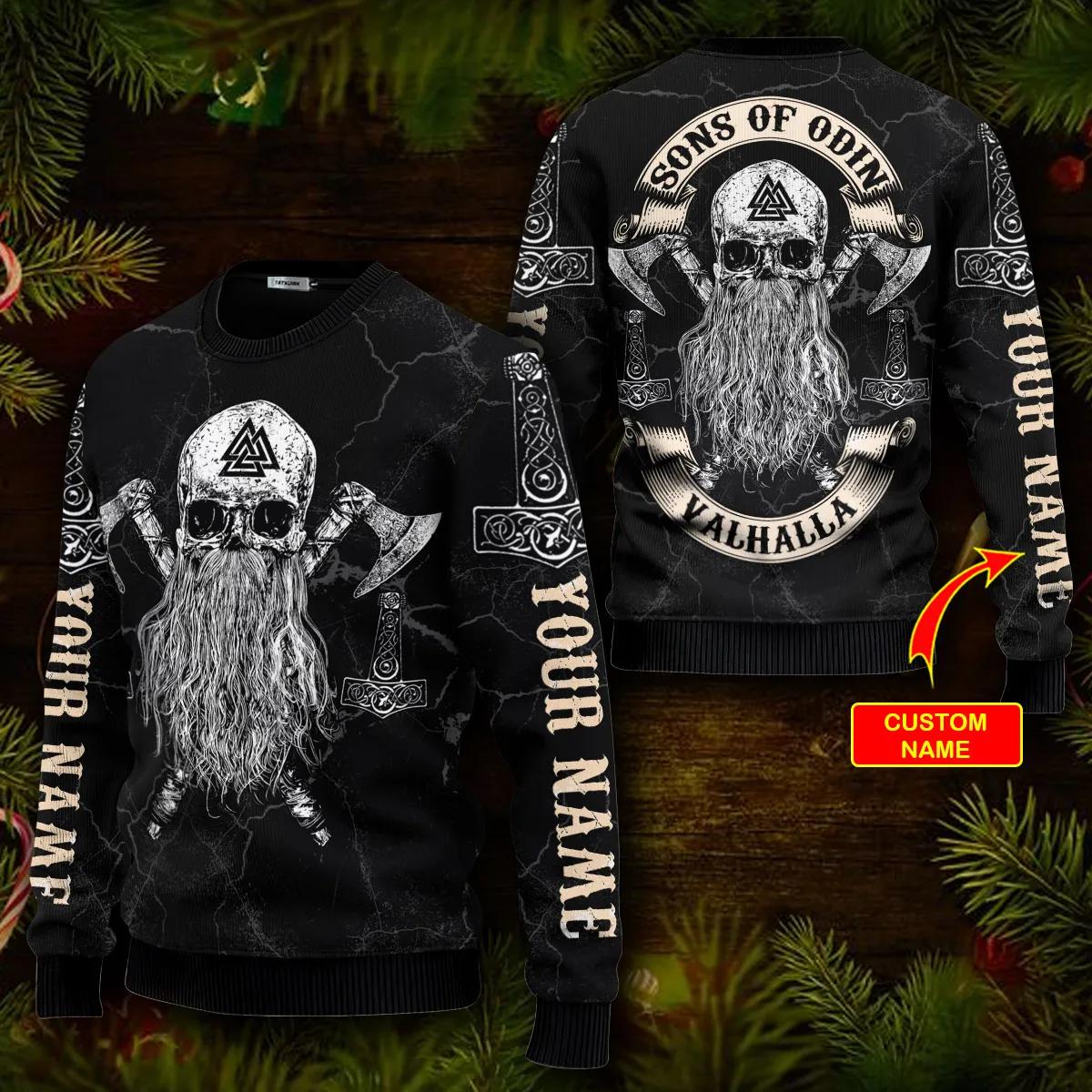 Sons Of Odin Valhalla Custom Name Viking Ugly Christmas Sweater Moonbestprint