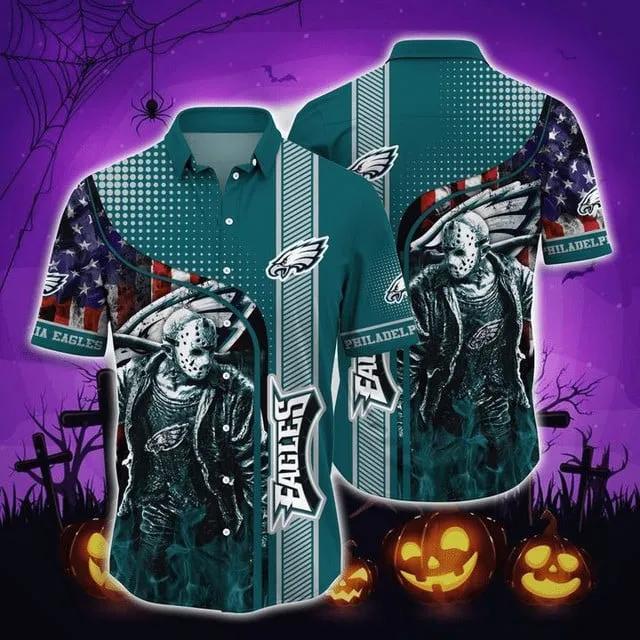 Sport-Team Philadelphia Eagles American Flag Halloween Hawaiian Shirt Summer Aloha Shirt, NFL Hawaiian Shirt Moonbestprint