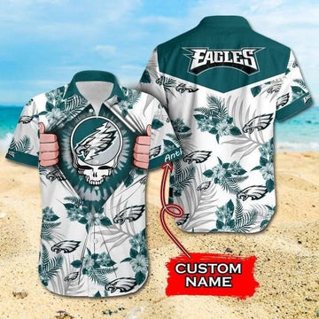 Sport-Team Philadelphia Eagles Custom Name Flower Skull Hawaiian Shirt Sport Team Aloha Shirt, NFL Hawaiian Shirt Moonbestprint