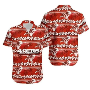 Sport-Team San Francisco 49ers Coconut Tree Pink Flower Hawaiian Shirt Men & Women Aloha Shirt, NFL Hawaiian Shirt Moonbestprint