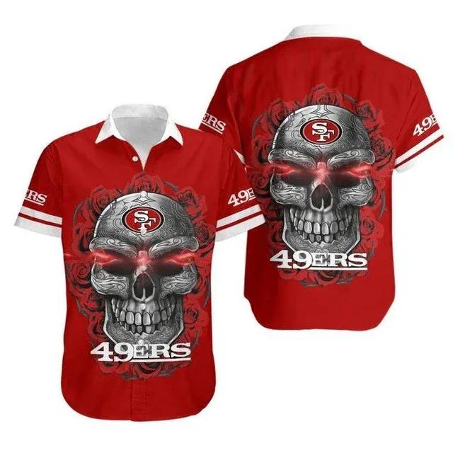 Sport-Team San Francisco 49ers Red Skull Rose Hawaiian Shirt Men & Women Aloha Shirt, NFL Hawaiian Shirt Moonbestprint