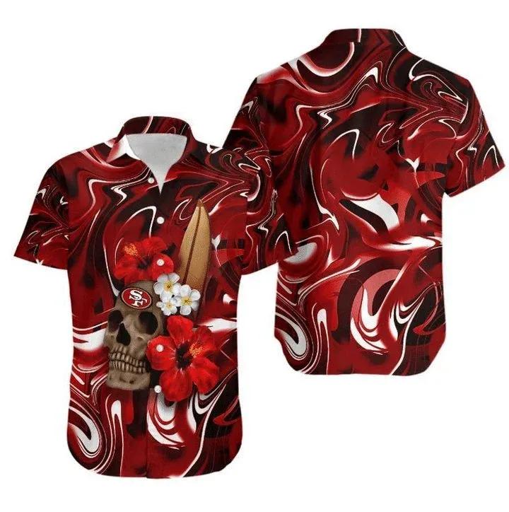 Sport-Team San Francisco 49ers Skull In Red Flower Hawaiian Shirt Men & Women Aloha Shirt, NFL Hawaiian Shirt Moonbestprint