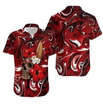 Sport-Team San Francisco 49ers Skull In Red Flower Hawaiian Shirt Men & Women Aloha Shirt, NFL Hawaiian Shirt Moonbestprint