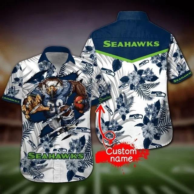 Sport-Team Seattle Seahawks Custom Name Mascot White Hawaiian Shirt Sport Team Aloha Shirt, NFL Hawaiian Shirt Moonbestprint
