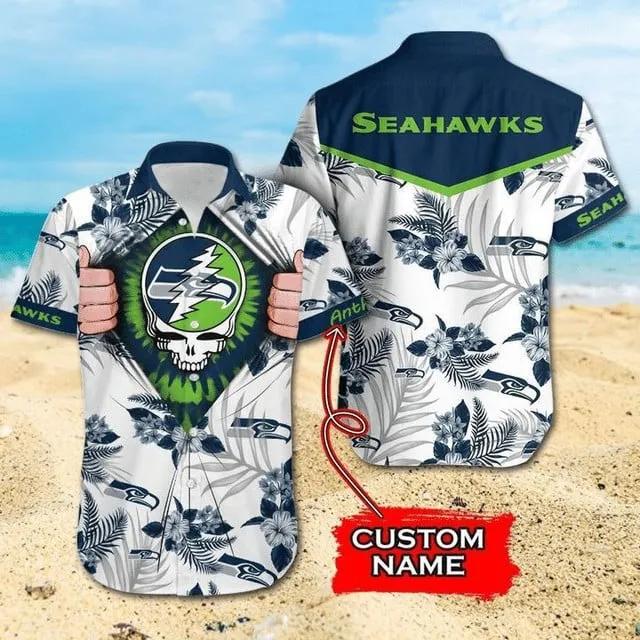 Sport-Team Seattle Seahawks Custom Name Skull White Hawaiian Shirt Sport Team Aloha Shirt, NFL Hawaiian Shirt Moonbestprint