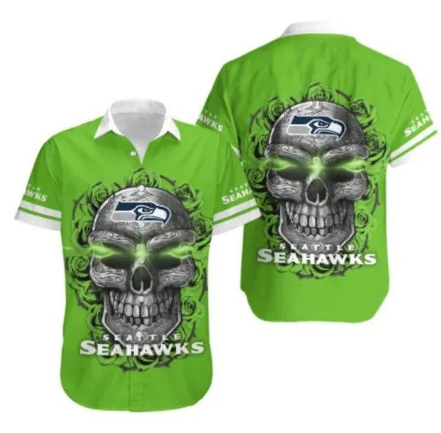 Sport-Team Seattle Seahawks Green Skull Hawaiian Shirt Summer Aloha Shirt, NFL Hawaiian Shirt Moonbestprint