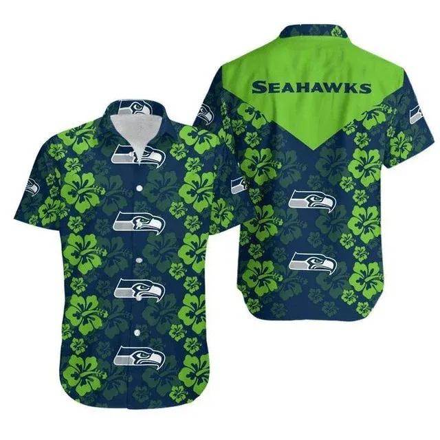 Sport-Team Seattle Seahawks Navy Green Hawaiian Shirt Summer Aloha Shirt, NFL Hawaiian Shirt Moonbestprint