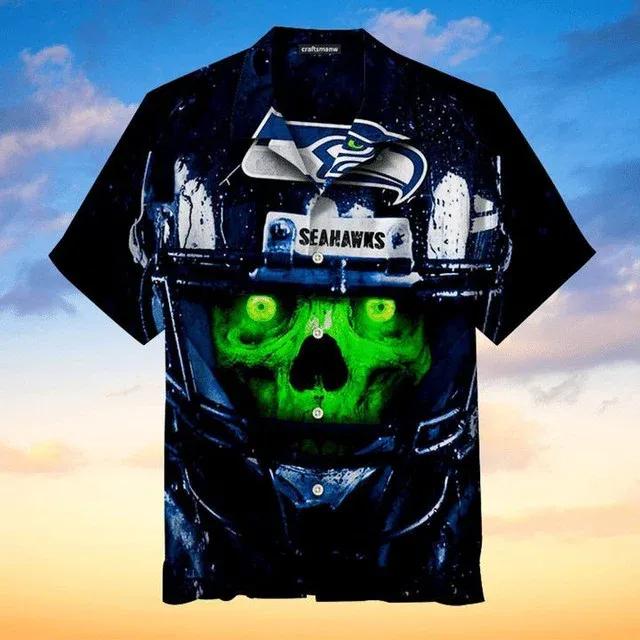 Sport-Team Seattle Seahawks Navy Green Skull Hawaiian Shirt Summer Aloha Shirt, NFL Hawaiian Shirt Moonbestprint