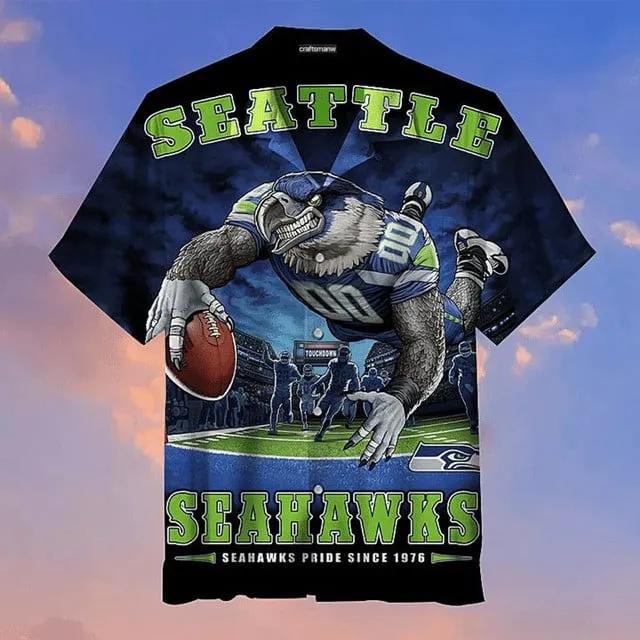 Sport-Team Seattle Seahawks Navy Mascot Hawaiian Shirt Summer Aloha Shirt, NFL Hawaiian Shirt Moonbestprint