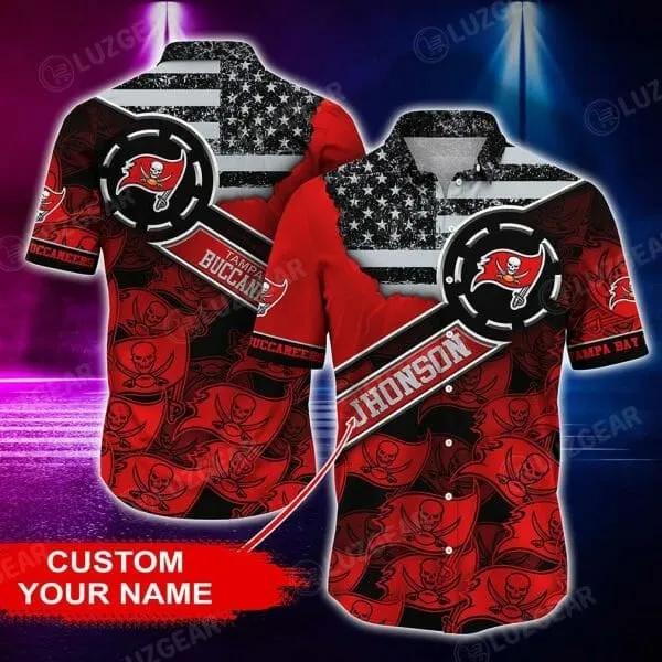 Sport-Team Tampa Bay Buccaneers Custom Name Red Grey Hawaiian Shirt Men & Women Aloha Shirt, NFL Hawaiian Shirt Moonbestprint
