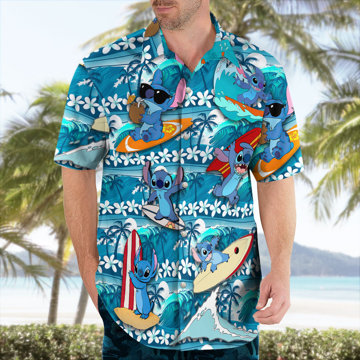 Stitch Surfing Hawaiian Shirt Blue Tropical Aloha – Moonbestprint