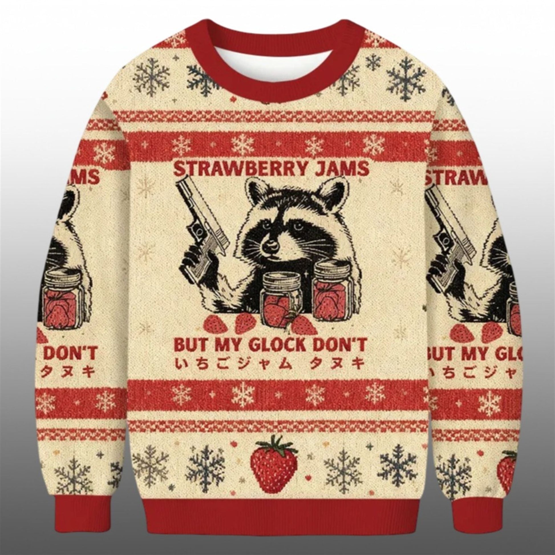 Strawberry Jams Raccoon Glock Ugly Christmas Sweater - Moonbestprint