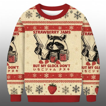 Strawberry Jams Raccoon Glock Ugly Christmas Sweater - Moonbestprint
