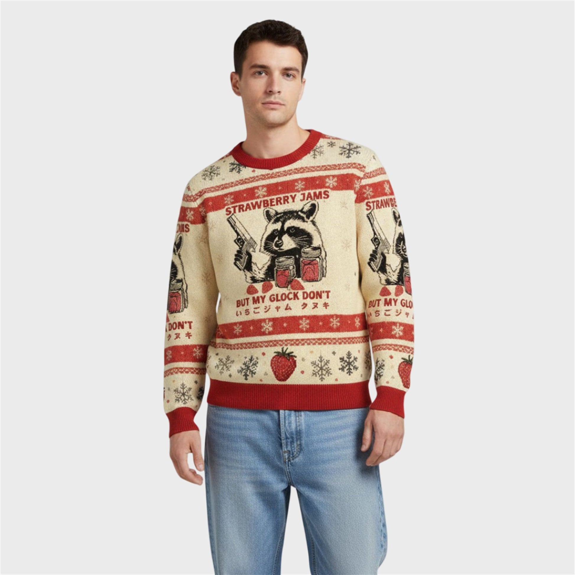 Strawberry Jams Raccoon Glock Ugly Christmas Sweater - Moonbestprint